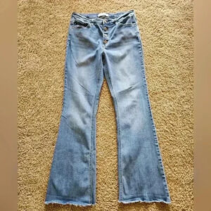 KanCan Button-Fly Light-Wash Flared-Leg Distressed Jeans, Size 30